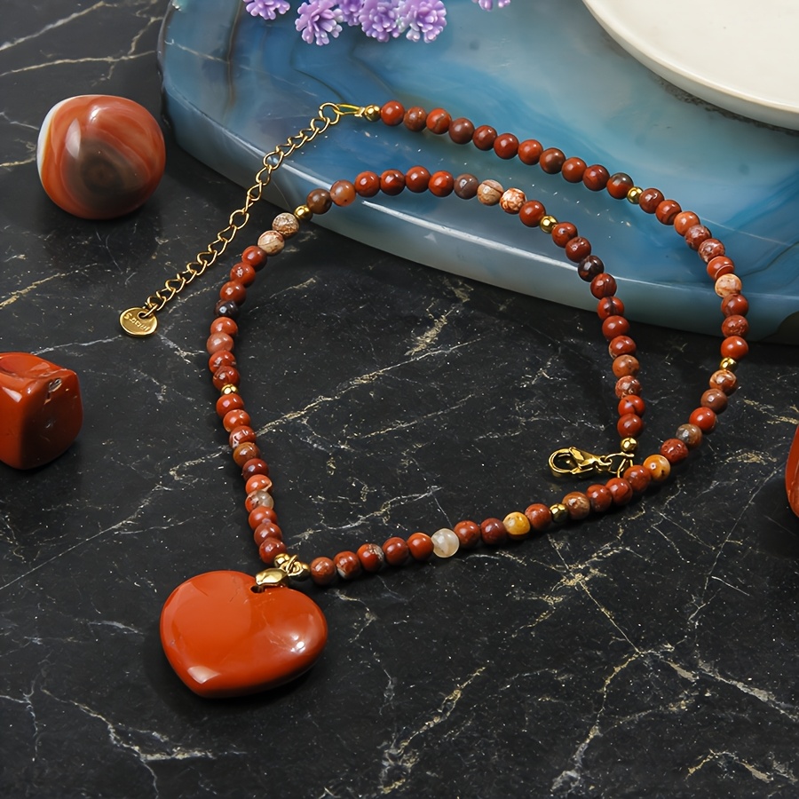 Natural Red Stone Heart Pendant Beaded Necklace, Vintage Style
